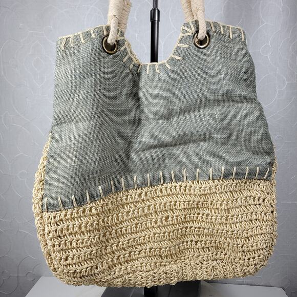 Sun n Sand Woven Tote 18"x17" Large Gray‎ Tan Beach Pool Shoulder Bag Summer - Picture 1 of 16